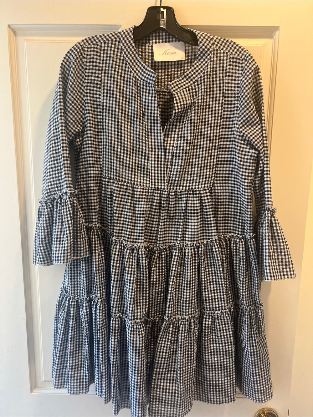Girls' Navy & White Gingham Tiered Dress